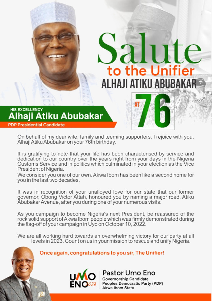 Pastor Umo Eno Celebrates Atiku Abubakar at 76